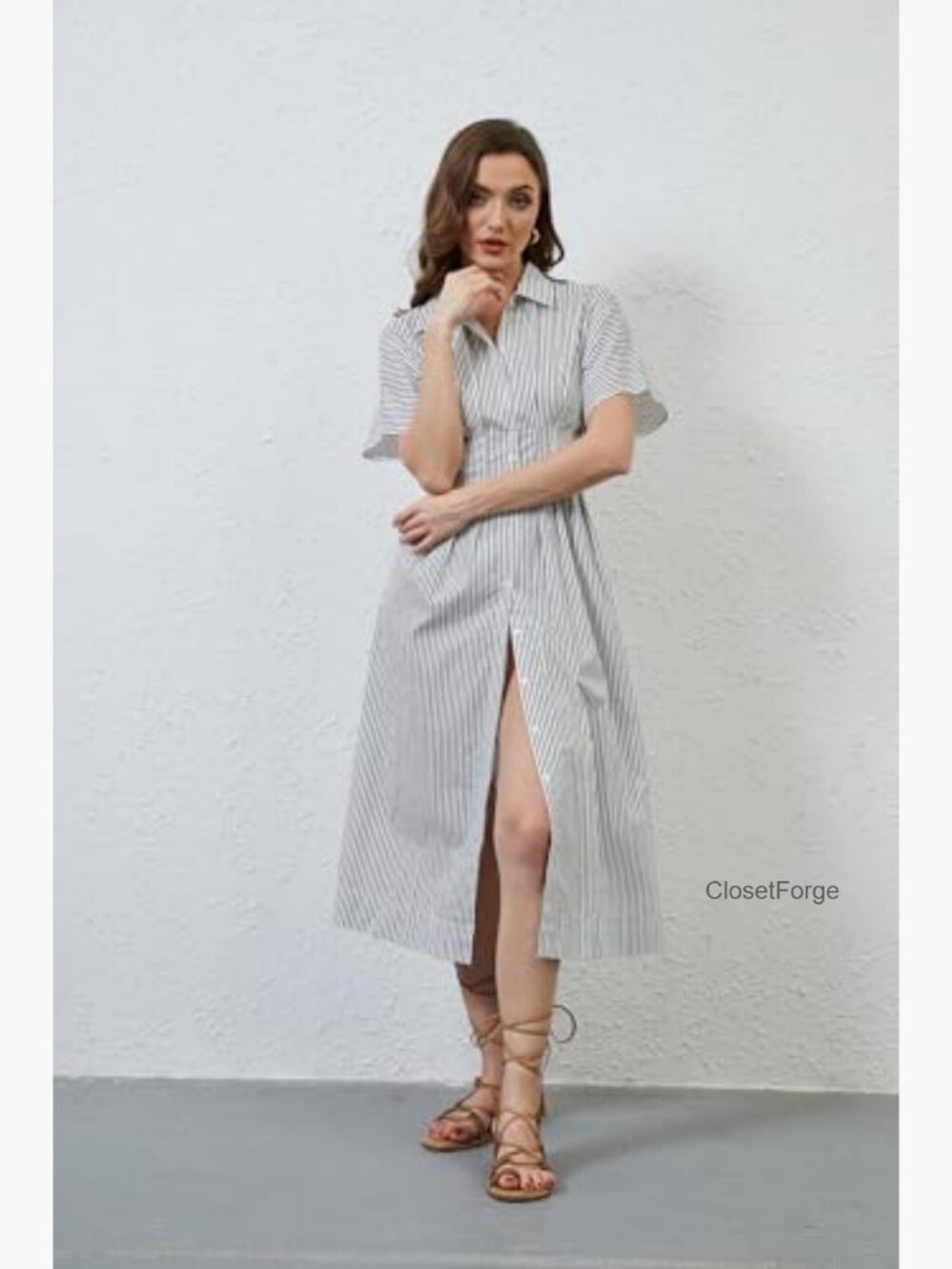 Striped Button Pleated Shirt Maxi Dress Summer Short Sleeve V-Neck Corset Long - Picture 5 of 7